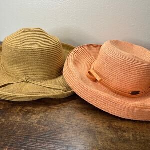 2 Sun N Sand Straw Hats Womens Natural Coral Bowler Beach Vacation Wide Brim